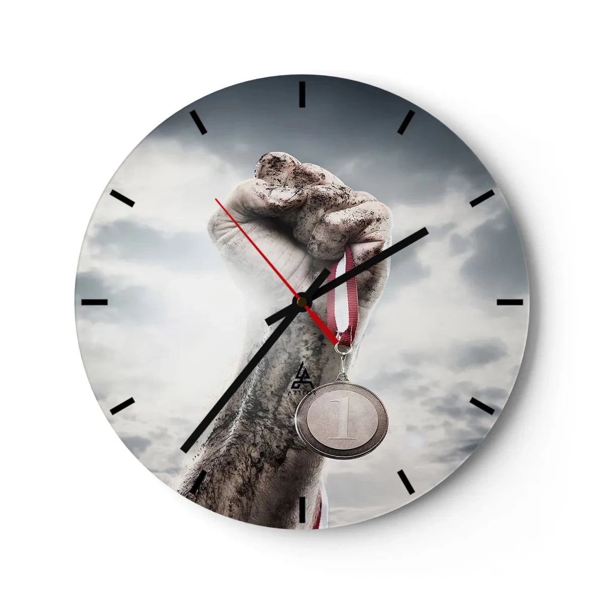 Ceas de perete - Ceas pe sticlă - Mână cu o medalie pe cer - 30x30cm - Per aspera ad astra - Decorațiune modernă pentru perete pentru living, bucătărie și dormitor ARTTOR