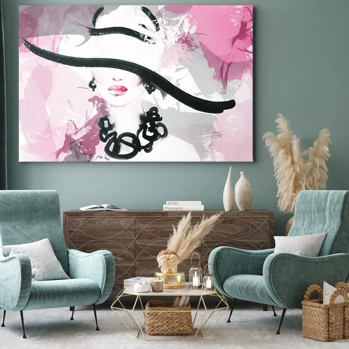 Tablou pe pânză Canvas - O femeie elegantă cu pălărie pe un fundal de abstracțiuni roz. - 70x50cm - Studiu unei dame în negru și roz - Decorațiune modernă pentru perete pentru living și dormitor ARTTOR