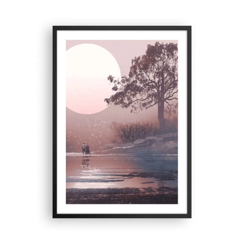 Poster în ramă neagră - Peisaj romantic cu lună și un copac lângă apă - 50x70cm - Minuni nocturne - Decorațiune modernă pentru perete pentru living și dormitor ARTTOR