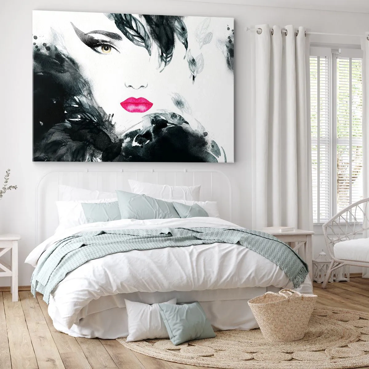 Tablou pe pânză Canvas - Portret artistic al unei femei cu buze intens roz - 70x50cm - Atenție! Femme fatale - Decorațiune modernă pentru perete pentru living și dormitor ARTTOR