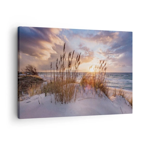 Tablou pe pânză Canvas - Dune cu ierburi pe fundalul soarelui care apune - 70x50cm - Adio soare și vânt - Decorațiune modernă pentru perete pentru living și dormitor ARTTOR