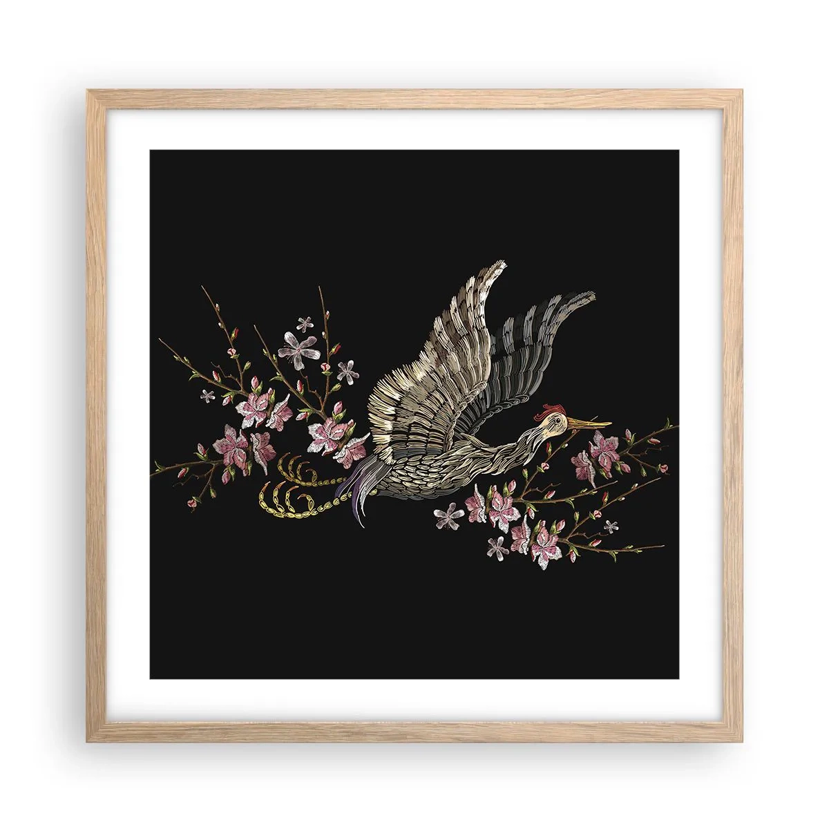 Poster în ramă de stejar deschis - Pasăre exotică brodată - 50x50 cm