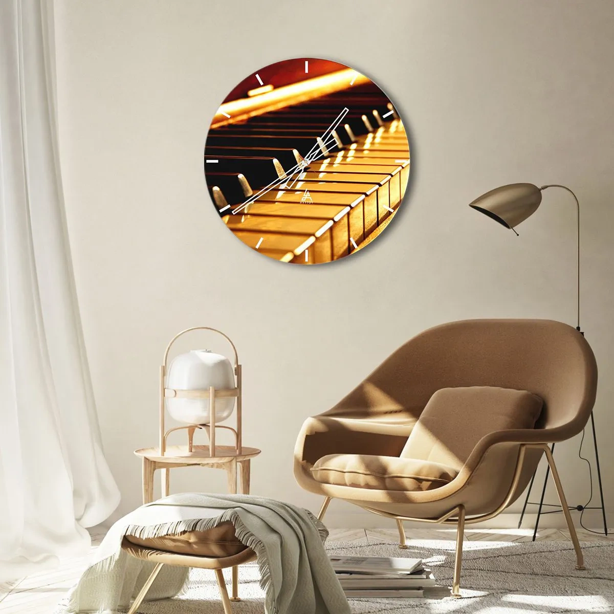 Ceas de perete - Ceas pe sticlă - Clape de pian aurii - 30x30cm - Posibilități nelimitate - Decorațiune modernă pentru perete pentru living, bucătărie și dormitor ARTTOR