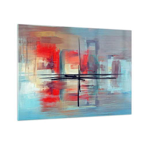 Tablou pe sticlă - O abstracție colorată cu roșu și albastru, inspirată de un peisaj. - 70x50cm - Peisaj dintr-o dimensiune necunoscută - Decorațiune modernă pentru perete pentru living și dormitor ARTTOR