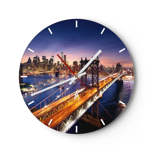 Ceas de perete - Ceas pe sticlă - Vedere nocturnă a Manhattanului și a podului - 30x30cm - Pe un pod luminos către inima orașului - Decorațiune modernă pentru perete pentru living, bucătărie și dormitor ARTTOR