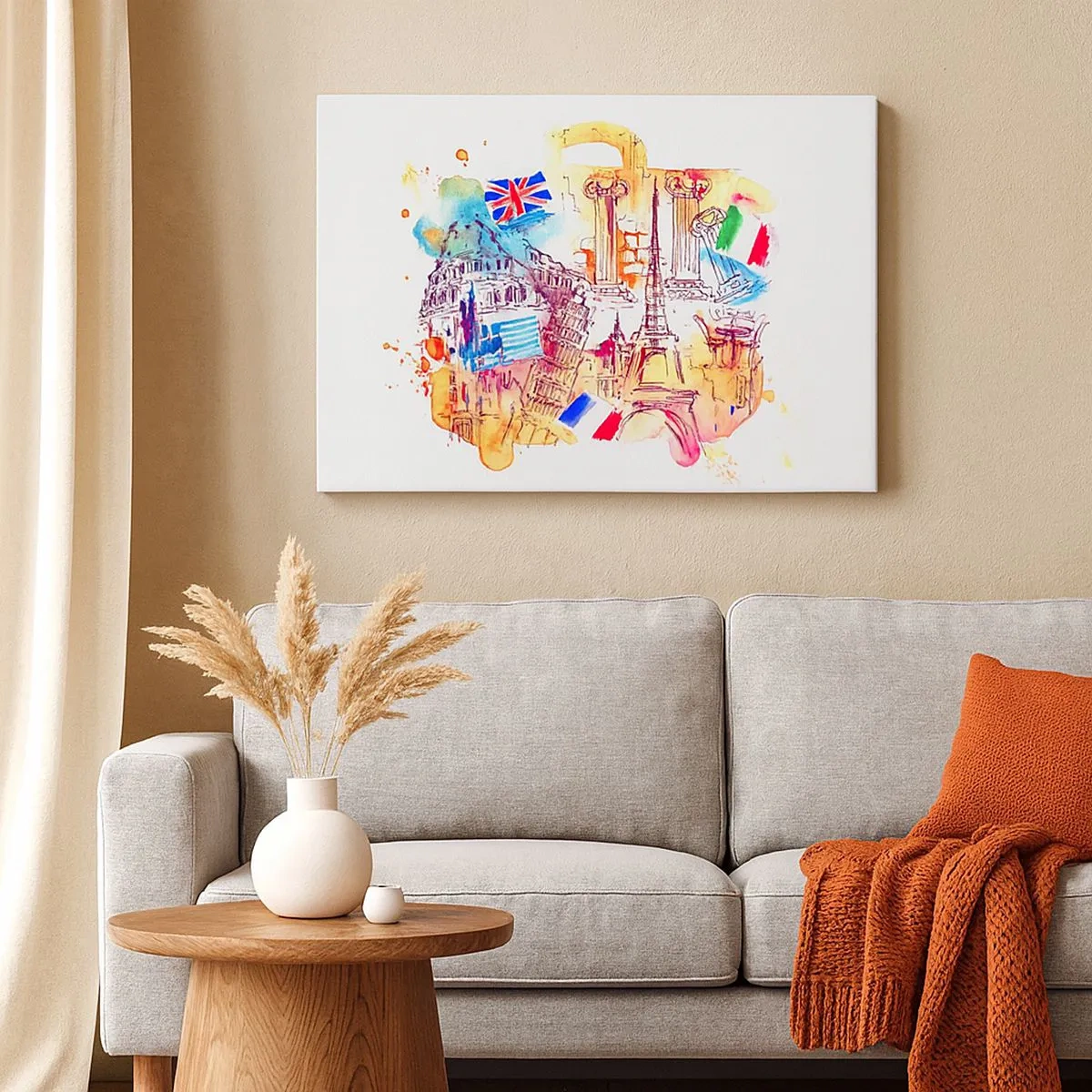 Tablou pe pânză Canvas - Acuarelă cu simboluri europene și steaguri de țară - 70x50cm - Turneu european - Decorațiune modernă pentru perete pentru living și dormitor ARTTOR