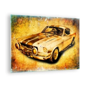 Tablou pe sticlă - Mașină sport clasică cu fundal vintage - 70x50cm - Nebunii ani '70. - Decorațiune modernă pentru perete pentru living și dormitor ARTTOR