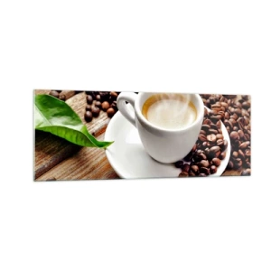 Tablou pe sticlă - Cafea pe bancă - 140x50 cm