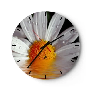 Ceas de perete - Ceas pe sticlă - Macro a unei margarete cu picături de apă pe petale - 30x30cm - Răsăritul soarelui al Margaretei - Decorațiune modernă pentru perete pentru living, bucătărie și dormitor ARTTOR