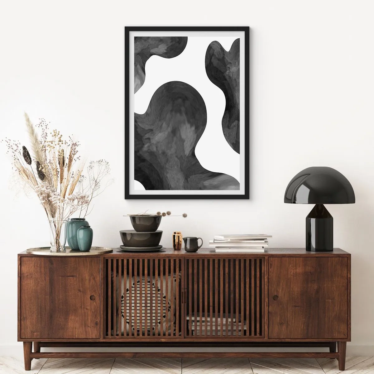 Poster în ramă neagră - Compoziție abstractă în alb-negru cu forme organice - 50x70cm - Calea Lactee - Decorațiune modernă pentru perete pentru living și dormitor ARTTOR