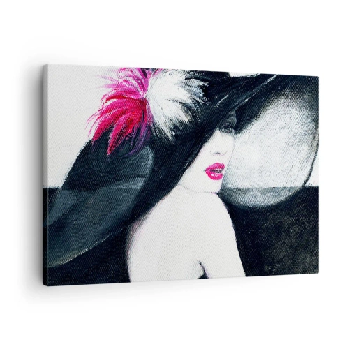 Tablou pe pânză Canvas - Femeie elegantă într-o pălărie cu pene - 70x50cm - Întotdeauna un mister - Decorațiune modernă pentru perete pentru living și dormitor ARTTOR