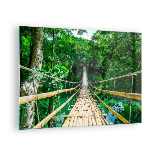 Tablou pe sticlă - Un pod suspendat de bambus printre vegetația tropicală peste un râu - 70x50cm - Pod de maimuțe peste verdeață - Decorațiune modernă pentru perete pentru living și dormitor ARTTOR