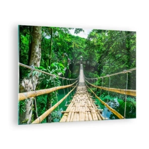 Tablou pe sticlă - Un pod suspendat de bambus printre vegetația tropicală peste un râu - 70x50cm - Pod de maimuțe peste verdeață - Decorațiune modernă pentru perete pentru living și dormitor ARTTOR