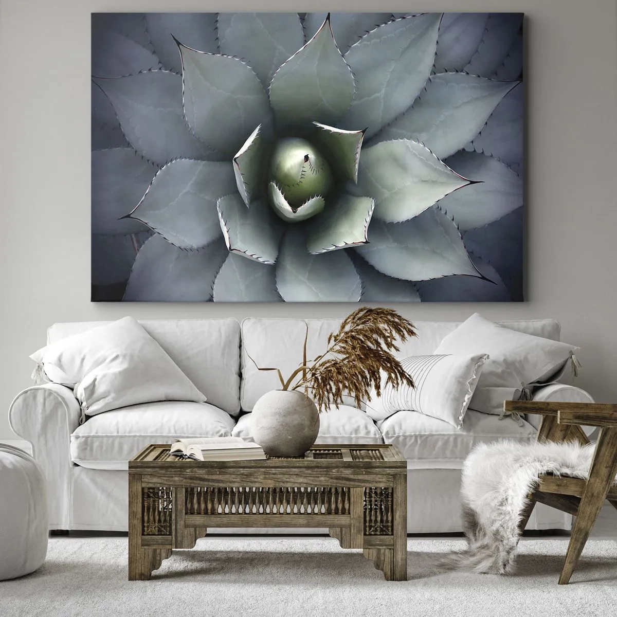 Tablou pe pânză Canvas - Prim-plan al unei rozete de agave în nuanțe delicate de verde - 70x50cm - Momește și avertizează - Decorațiune modernă pentru perete pentru living și dormitor ARTTOR