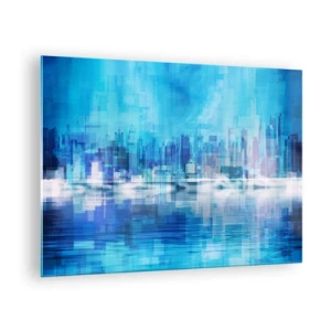 Tablou pe sticlă - O panoramă a orașului modern în nuanțe de albastru - 70x50cm - Înecate în albastru - Decorațiune modernă pentru perete pentru living și dormitor ARTTOR