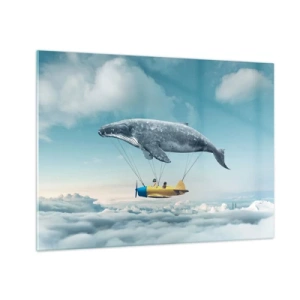 Tablou pe sticlă - O balenă ridică un avion deasupra norilor într-un decor suprarealist. - 70x50cm - De ce nu? - Decorațiune modernă pentru perete pentru living și dormitor ARTTOR