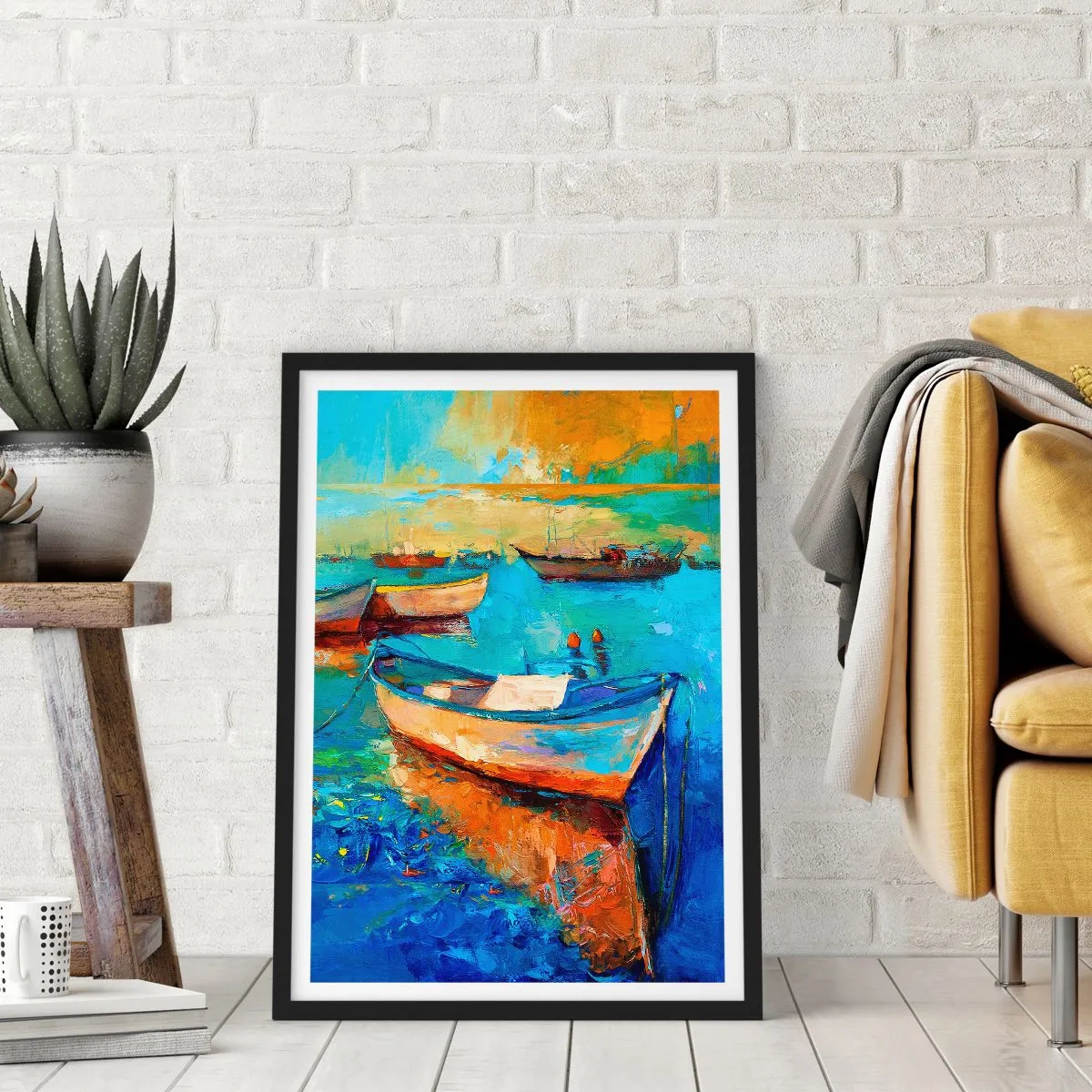 Poster în ramă neagră - Bărci colorate pe apă în stil impresionist - 50x70cm - Într-un golf de aur - Decorațiune modernă pentru perete pentru living și dormitor ARTTOR
