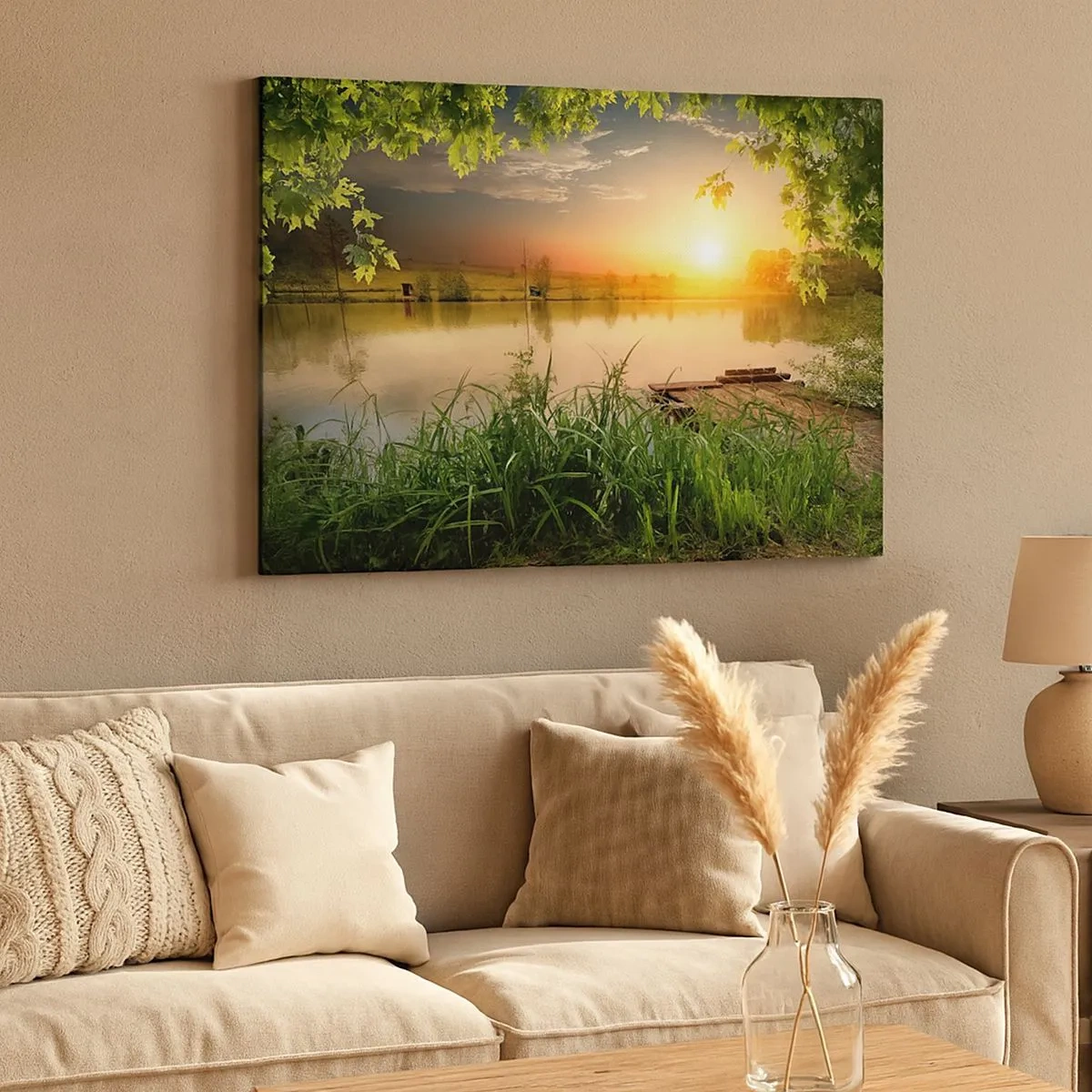 Tablou pe pânză Canvas - Peisaj verde cu un lac la apus - 70x50cm - Peisaj într-un cadru verde - Decorațiune modernă pentru perete pentru living și dormitor ARTTOR