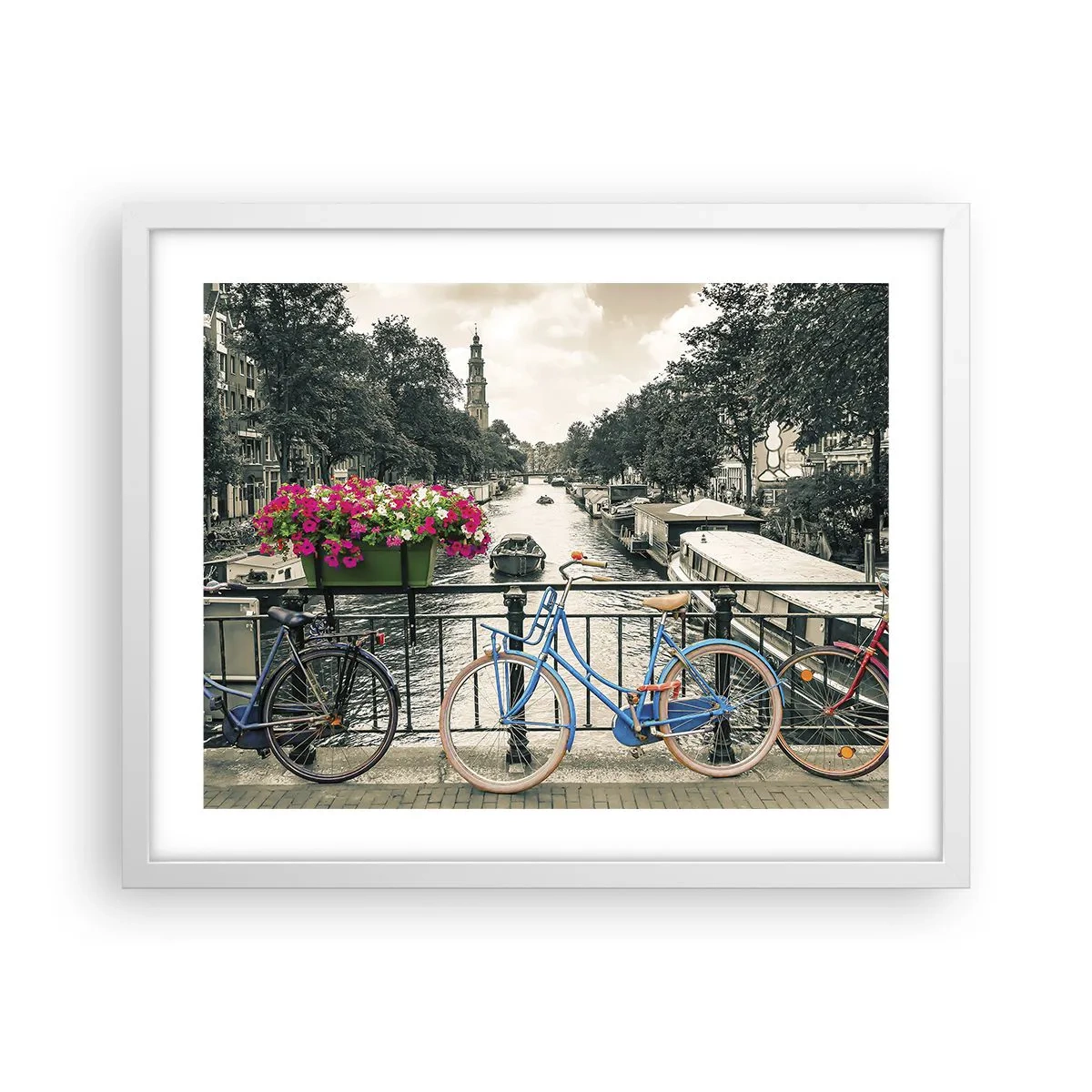 Poster în ramă albă - Culorile unui canal din Amsterdam - 50x40 cm