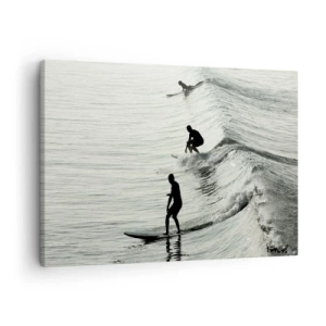 Tablou pe pânză Canvas - Surferi pe valuri într-o fotografie monocromă - 70x50cm - Pentru a întâmpina valul - Decorațiune modernă pentru perete pentru living și dormitor ARTTOR