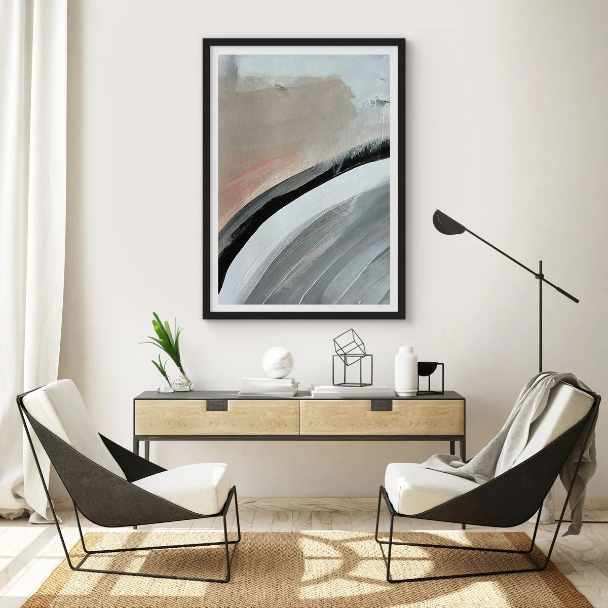 Poster în ramă neagră - Compoziție abstractă cu linii în nuanțe de gri și bej. - 50x70cm - Compoziție: arc de negru și gri - Decorațiune modernă pentru perete pentru living și dormitor ARTTOR