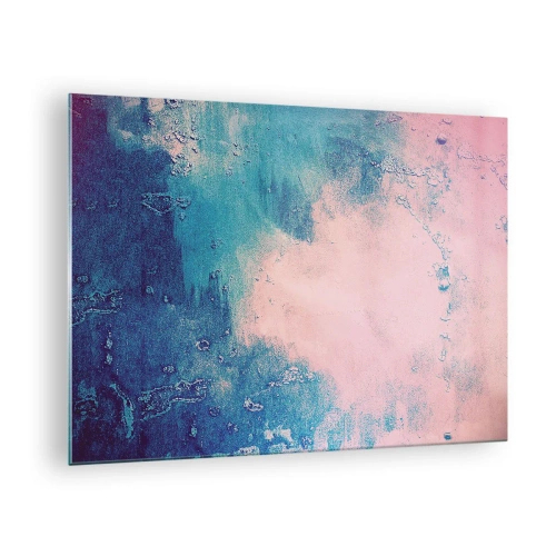 Tablou pe sticlă - O combinație abstractă de albastru și roz pudrat cu textură - 70x50cm - Îmbrățișare albastră - Decorațiune modernă pentru perete pentru living și dormitor ARTTOR