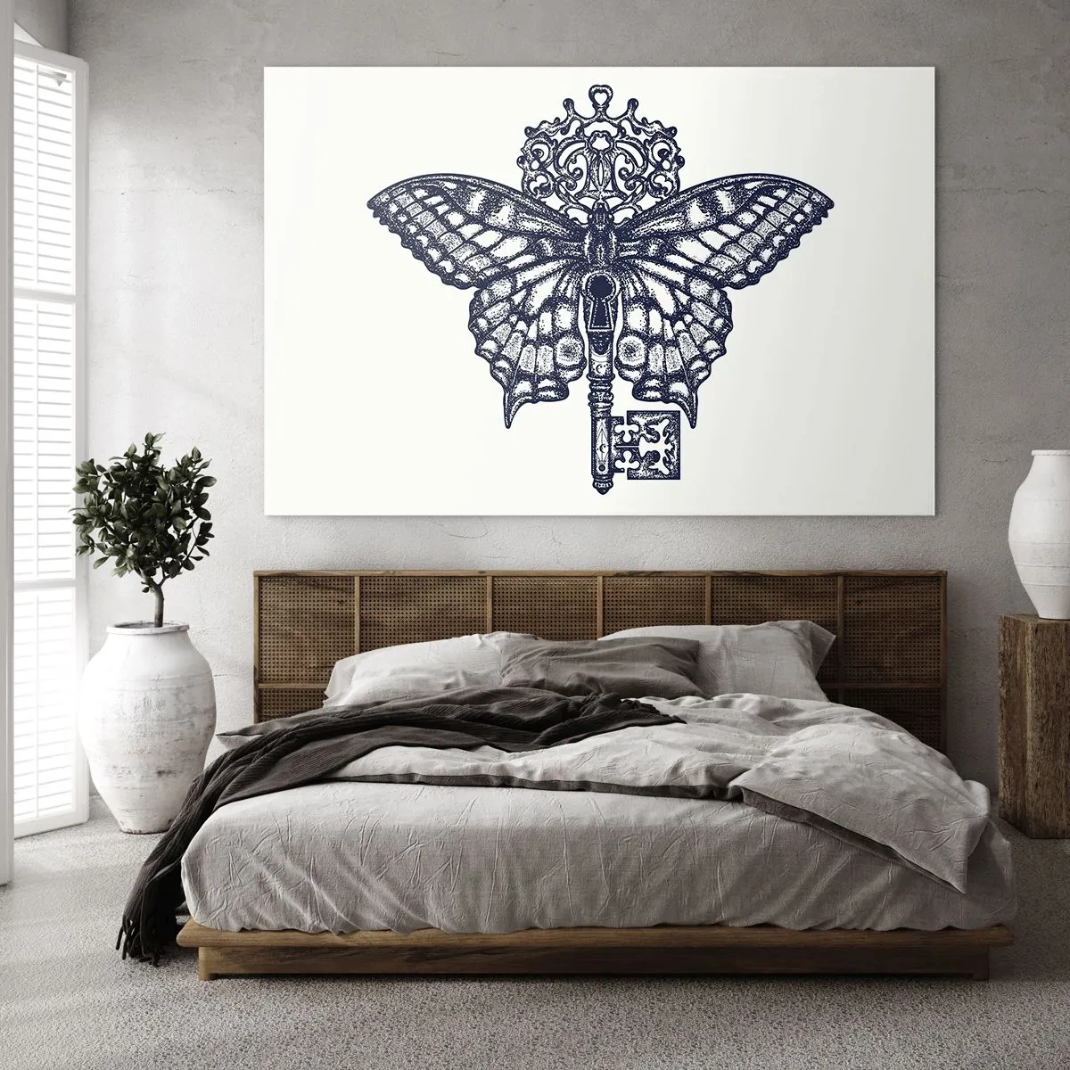 Tablou pe sticlă - Ilustrație a unui fluture cu o cheie în centru - 70x50cm - Toate secretele inimii - Decorațiune modernă pentru perete pentru living și dormitor ARTTOR