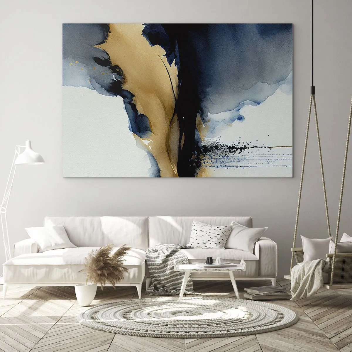 Tablou pe sticlă - O compoziție abstractă în nuanțe de albastru marin și bej - 70x50cm - În spatele cortinei - Decorațiune modernă pentru perete pentru living și dormitor ARTTOR