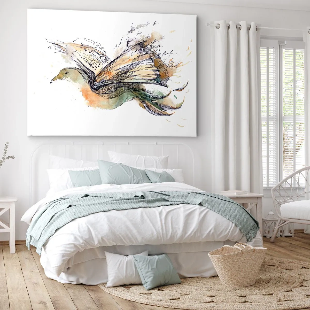 Tablou pe pânză Canvas - Pictură artistică în acuarelă a unei păsări cu aripi de carte - 70x50cm - Pe aripile poeziei - Decorațiune modernă pentru perete pentru living și dormitor ARTTOR