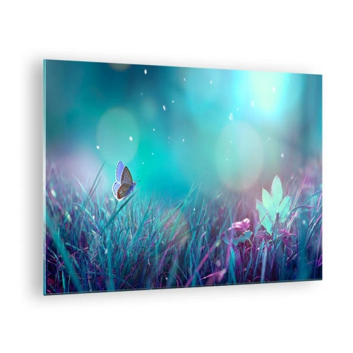 Tablou pe sticlă - Fluture pe iarbă în lumină pastelată - 70x50cm - Viața secretă a luncii - Decorațiune modernă pentru perete pentru living și dormitor ARTTOR
