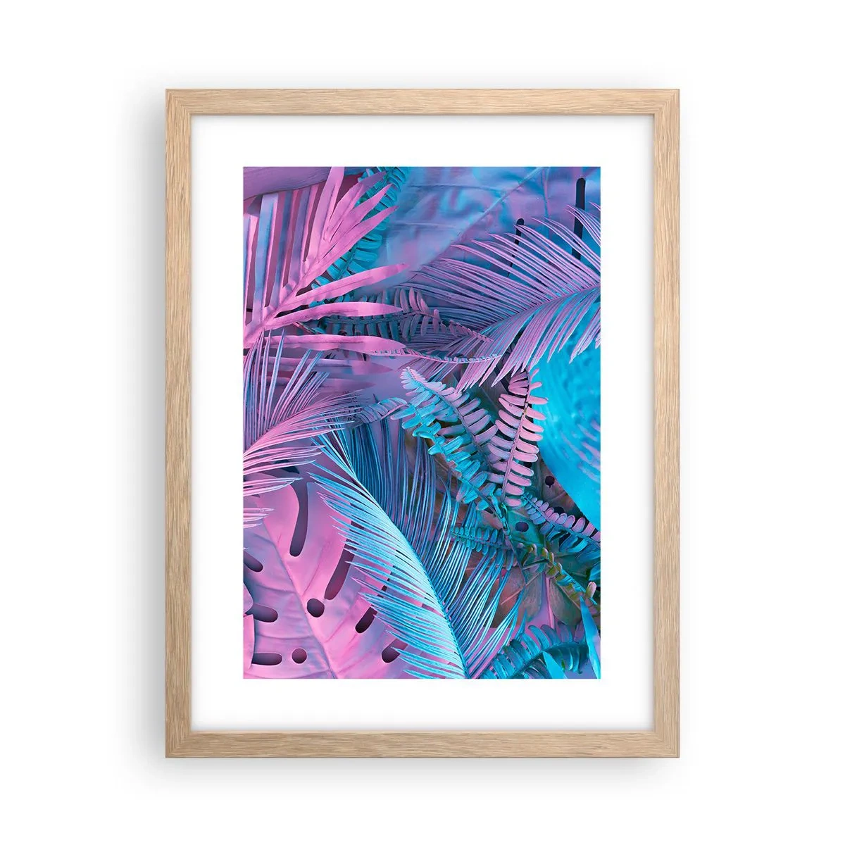 Poster în ramă de stejar deschis - Palmieri în alb și albastru - 30x40 cm