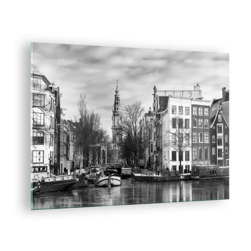 Tablou pe sticlă - Vedere alb-negru a unui canal din Amsterdam - 70x50cm - Amsterdam vibes - Decorațiune modernă pentru perete pentru living și dormitor ARTTOR