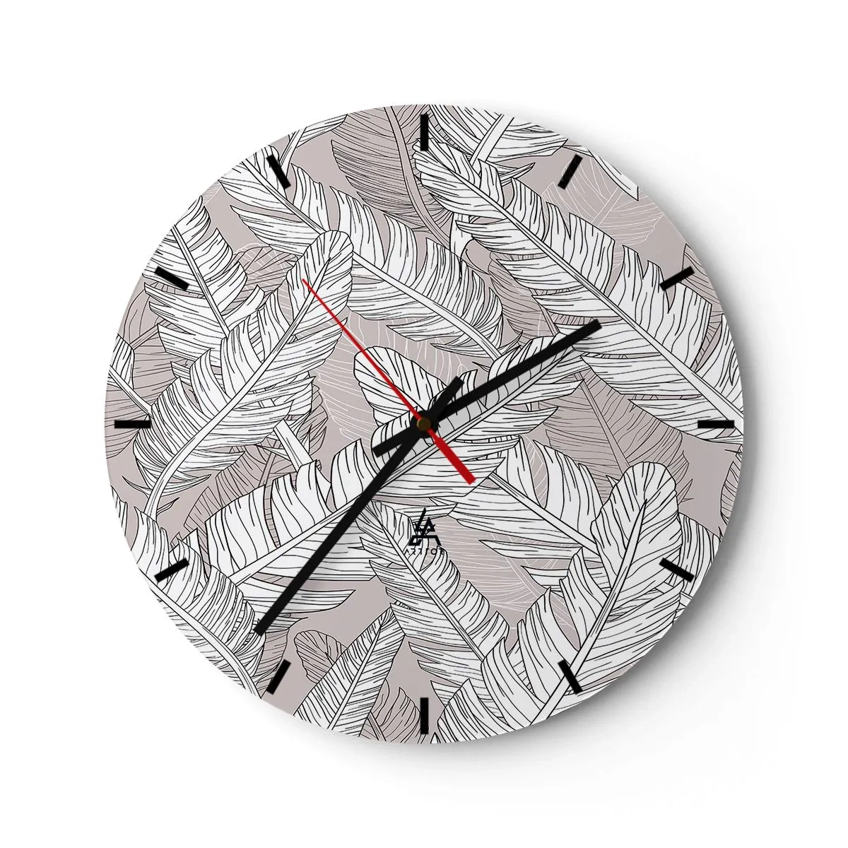Ceas de perete - Ceas pe sticlă - Frunze de bananier alb-negru pe un fundal deschis - 30x30cm - Vijelie cu pene - Decorațiune modernă pentru perete pentru living, bucătărie și dormitor ARTTOR