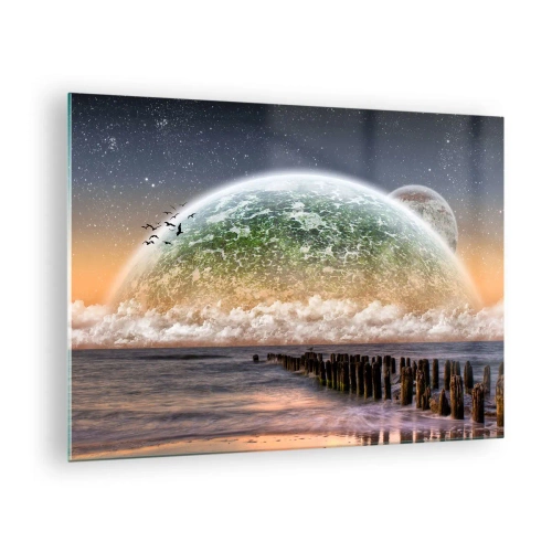 Tablou pe sticlă - Apus de soare peste planetă și ocean - 70x50cm - Și lumea a ieșit din apă - Decorațiune modernă pentru perete pentru living și dormitor ARTTOR