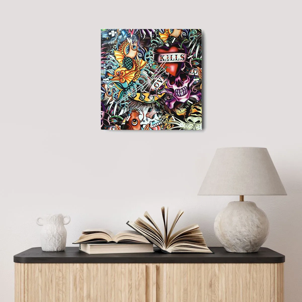 Ceas de perete - Ceas pe sticlă - Visul unui artist tatuator - 30x30 cm