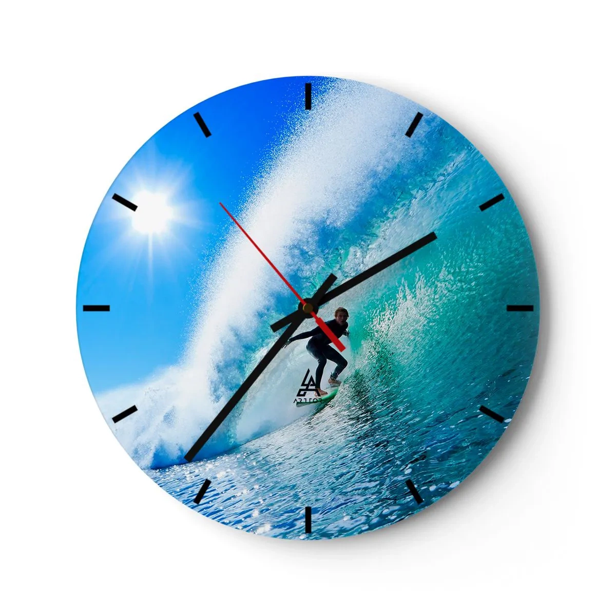 Ceas de perete - Ceas pe sticlă - Surfer pe un val într-o zi însorită - 30x30cm - Prin marele albastru - Decorațiune modernă pentru perete pentru living, bucătărie și dormitor ARTTOR