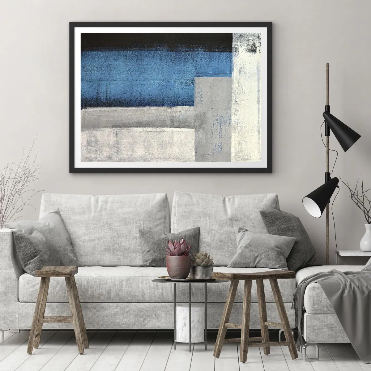 Poster în ramă neagră - Compoziție poetică de gri și albastru - 70x50 cm