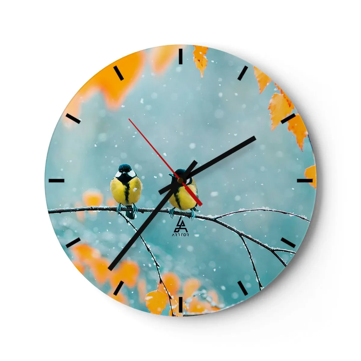 Ceas de perete - Ceas pe sticlă - Două țâțe pe o creangă acoperită de zăpadă într-un peisaj de iarnă - 30x30cm - Bârfele păsărilor - Decorațiune modernă pentru perete pentru living, bucătărie și dormitor ARTTOR
