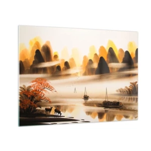 Tablou pe sticlă - Peisaj oriental cu bărci și munți în ceață - 70x50cm - Mai departe decât Orientul Îndepărtat - Decorațiune modernă pentru perete pentru living și dormitor ARTTOR