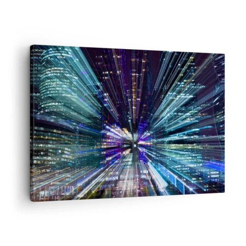 Tablou pe pânză Canvas - Vedere dinamică a orașului noaptea cu efect de iluminare - 70x50cm - Trecere către hiperspațiu - Decorațiune modernă pentru perete pentru living și dormitor ARTTOR
