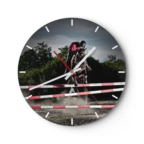 Ceas de perete - Ceas pe sticlă - Un concurent ecvestru în timpul unei competiții ecvestre - 30x30cm - Împreună pentru victorie - Decorațiune modernă pentru perete pentru living, bucătărie și dormitor ARTTOR