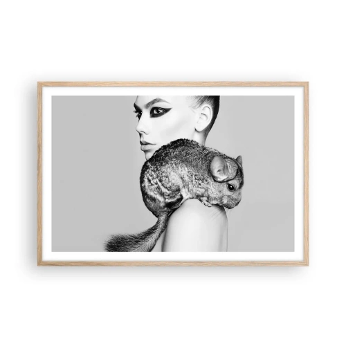 Poster în ramă de stejar deschis - Dama cu șinșilă - 91x61 cm