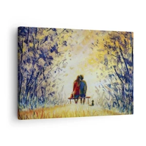 Tablou pe pânză Canvas - Un cuplu stând pe o bancă printre copacii de toamnă, în lumina soarelui - 70x50cm - Un moment magic - Decorațiune modernă pentru perete pentru living și dormitor ARTTOR