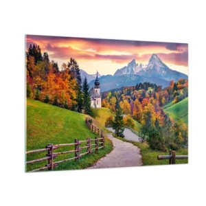 Tablou pe sticlă - Peisaj montan de toamnă cu o biserică și un drum care duce printre dealuri - 70x50cm - Un peisaj ca o pictură - Decorațiune modernă pentru perete pentru living și dormitor ARTTOR