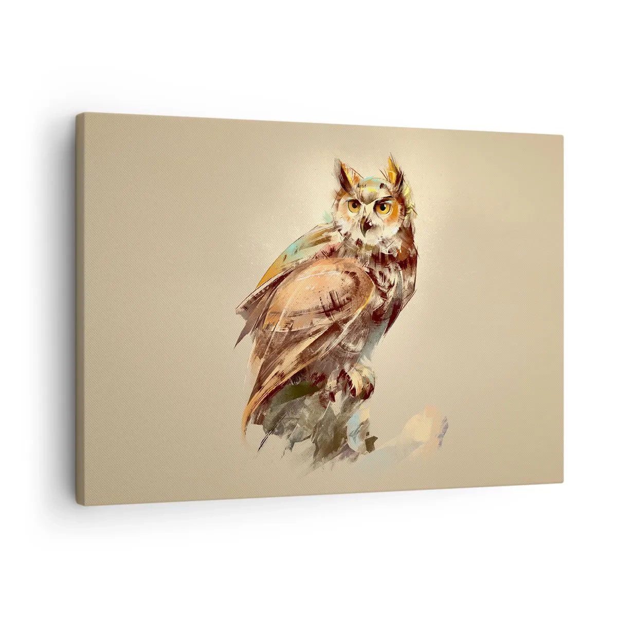 Tablou pe pânză Canvas - Portret artistic al unei bufnițe pe un fundal deschis în nuanțe calde. - 70x50cm - Cea mai inteligentă bufniță - confirmă stejarul - Decorațiune modernă pentru perete pentru living și dormitor ARTTOR