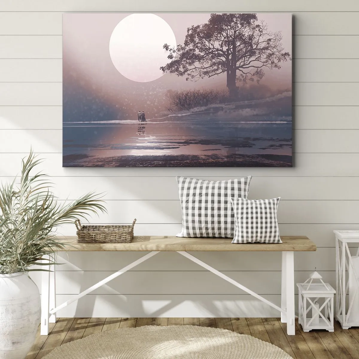 Tablou pe pânză Canvas - Scenă romantică cu luna și un copac lângă apă - 70x50cm - Minuni nocturne - Decorațiune modernă pentru perete pentru living și dormitor ARTTOR