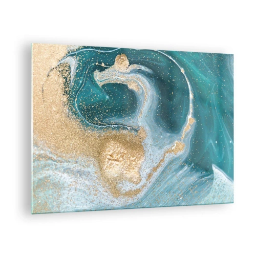 Tablou pe sticlă - Aur pe valuri turcoaz într-un stil abstract - 70x50cm - Vârtej de aur și turcoaz - Decorațiune modernă pentru perete pentru living și dormitor ARTTOR