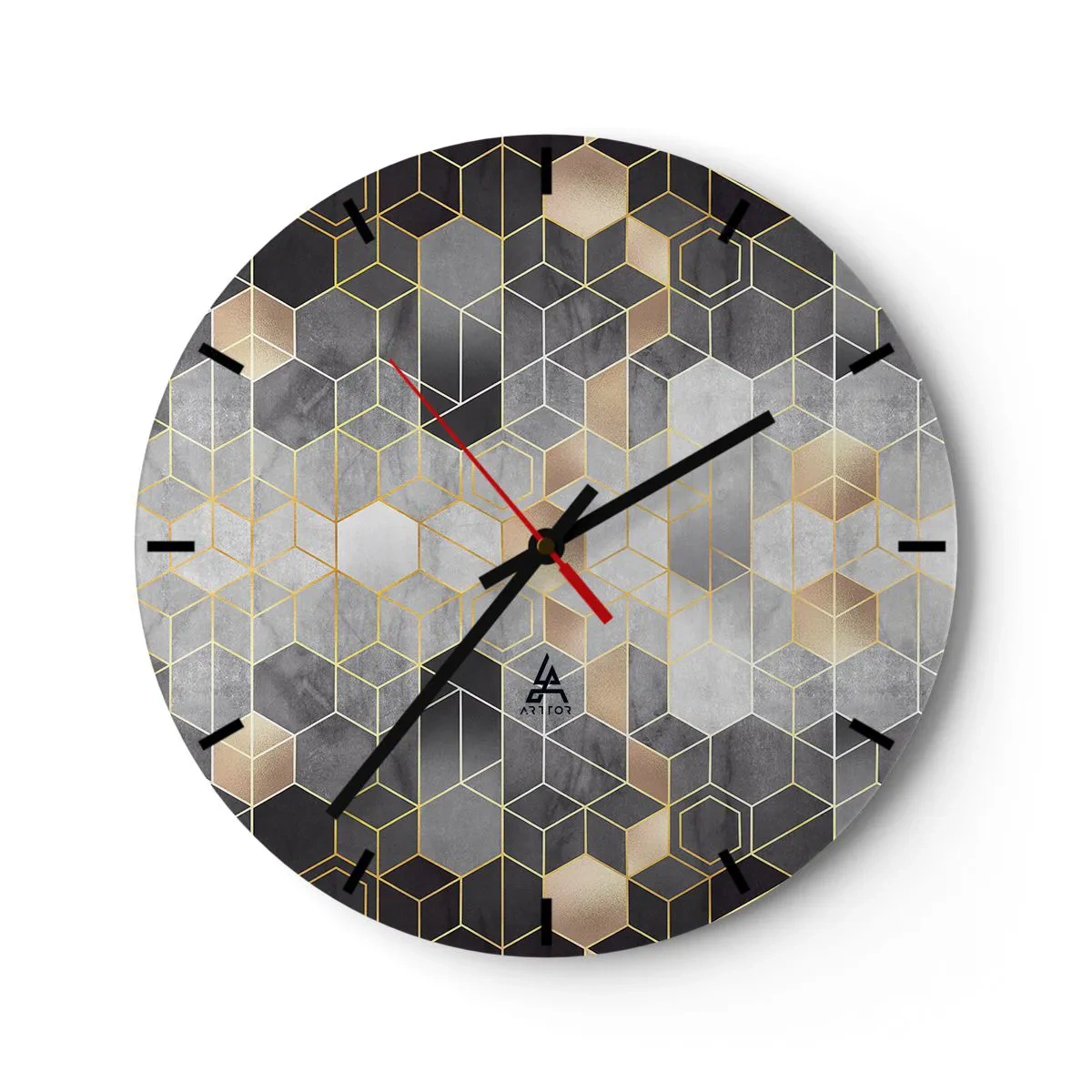 Ceas de perete - Ceas pe sticlă - Mozaic geometric în nuanțe de gri și auriu - 30x30cm - Compoziție diamantată - Decorațiune modernă pentru perete pentru living, bucătărie și dormitor ARTTOR