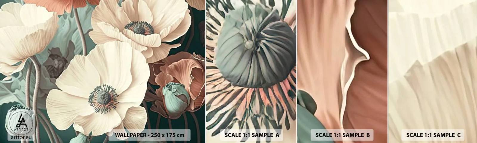 Mostră tapet autocolant Deluxe Sticker - Șoapta macilor - Flori, Plante, Pastel - 100x30 cm