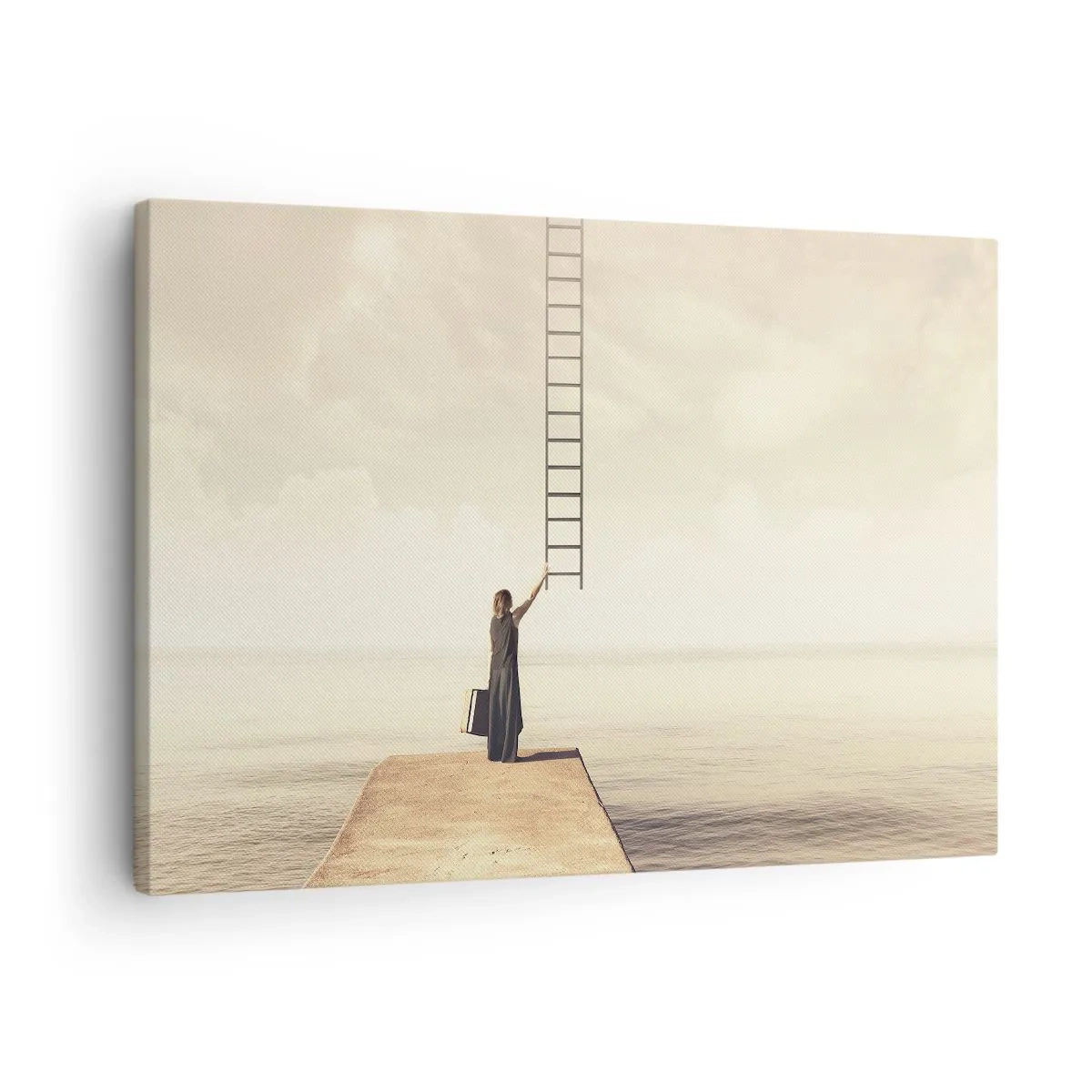 Tablou pe pânză Canvas - O femeie stând pe un dig cu o scară care duce spre cer - 70x50cm - O călătorie conceptuală - Decorațiune modernă pentru perete pentru living și dormitor ARTTOR